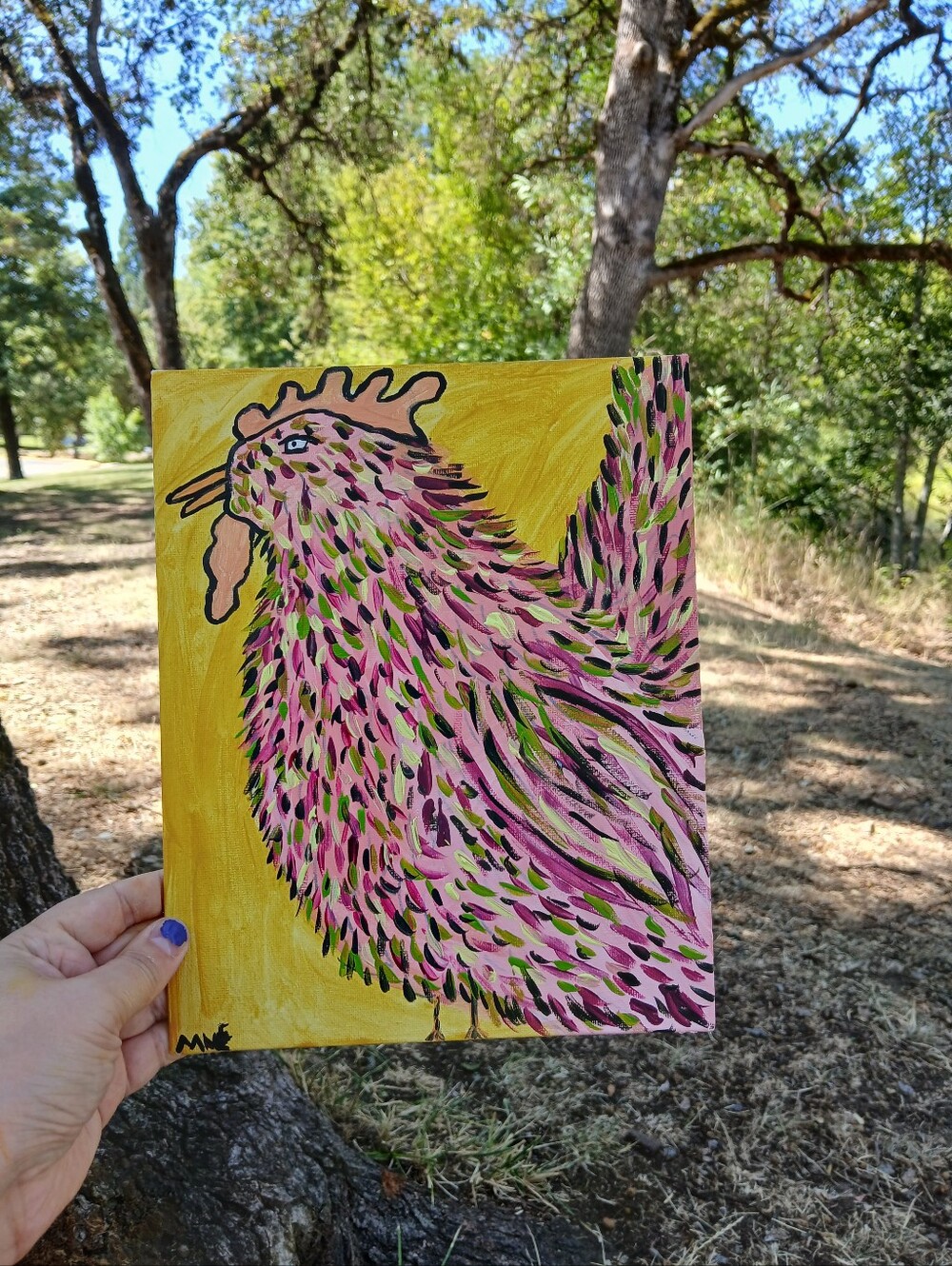 Pink Chicken Painting Folk Art